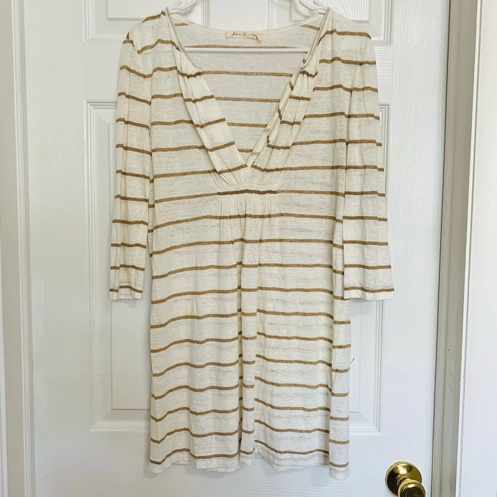 Joie a la Plage Neutral Striped 100% Linen Beachy Dress Swim Cover Up Small